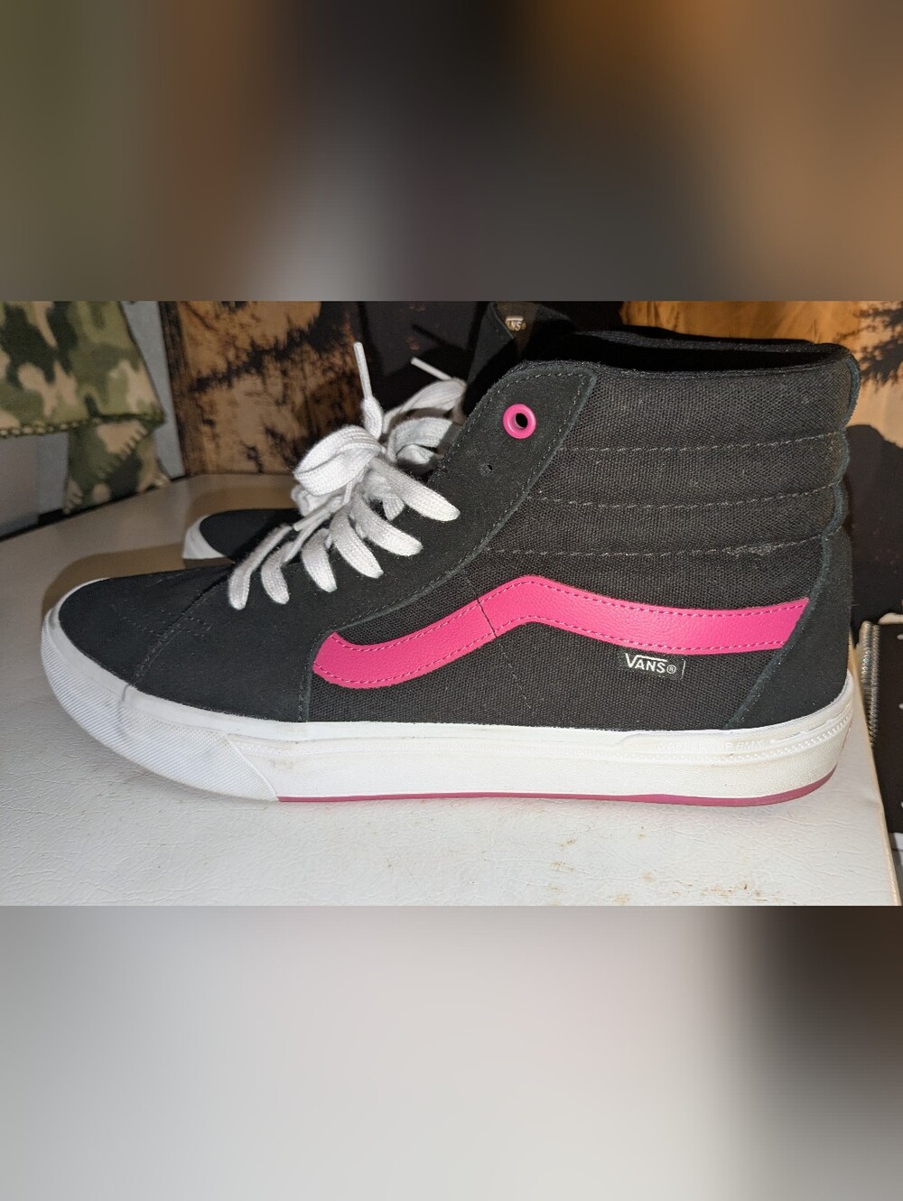 Vans Black Mid-Top Sneakers with Pink Side Stripe and White Sole